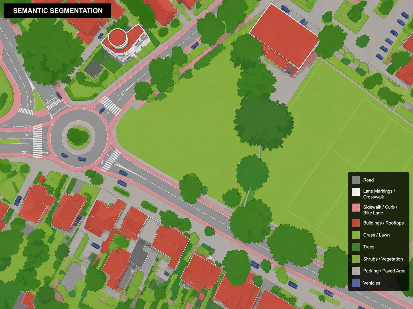 Semantic segmentation of the same scene with color-coded classes